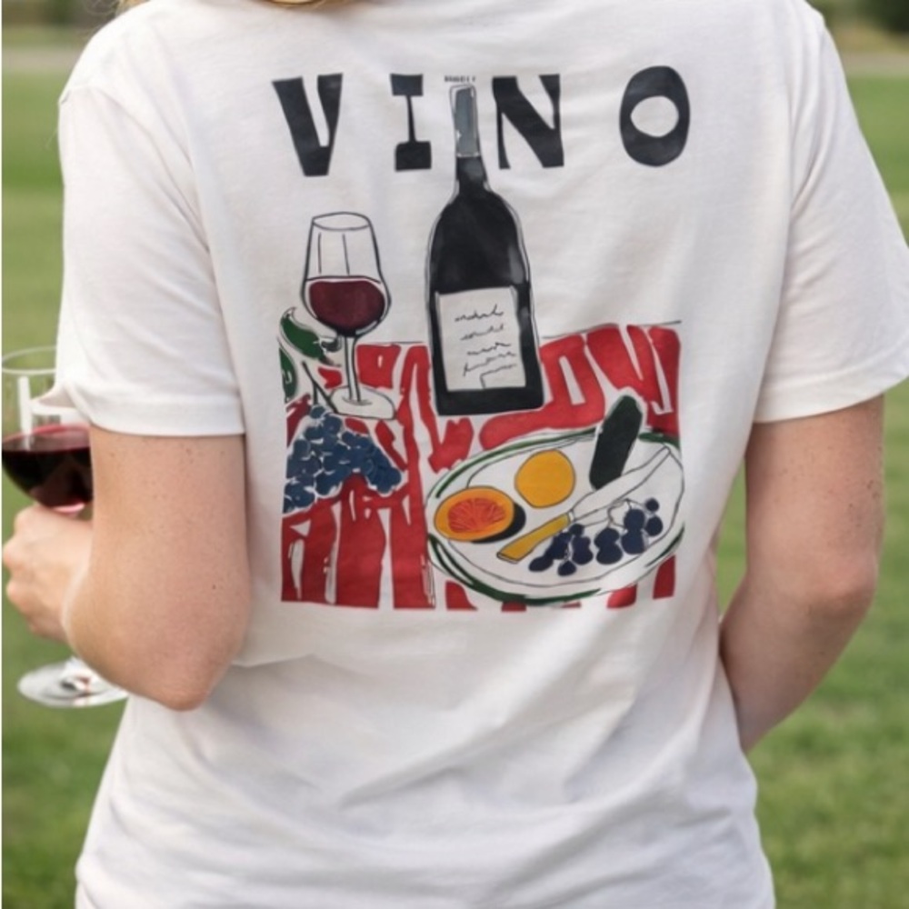 White Graphic Tee with Wine Design